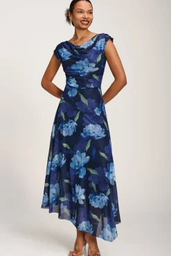 Jolie Moi Occasion Dresses|Floral Dresses-Asymmetrical Draped Mesh Maxi Dress, Navy Floral