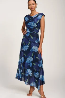 Jolie Moi Occasion Dresses|Floral Dresses-Asymmetrical Draped Mesh Maxi Dress, Navy Floral