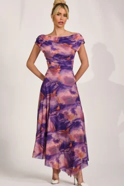 Jolie Moi Mesh Dresses|Maxi Dresses-Asymmetrical Draped Mesh Maxi Dress, Purple Multi