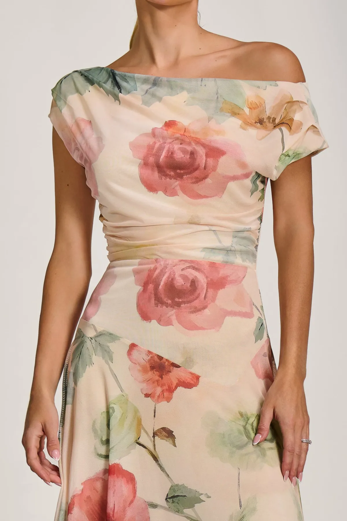Jolie Moi Occasion Dresses|Floral Dresses-Asymmetrical Draped Mesh Maxi Dress, Yellow Floral