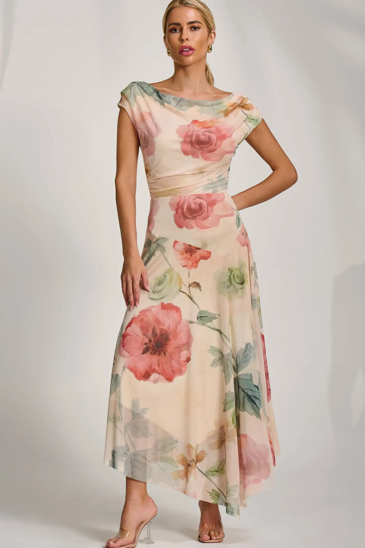Jolie Moi Occasion Dresses|Floral Dresses-Asymmetrical Draped Mesh Maxi Dress, Yellow Floral