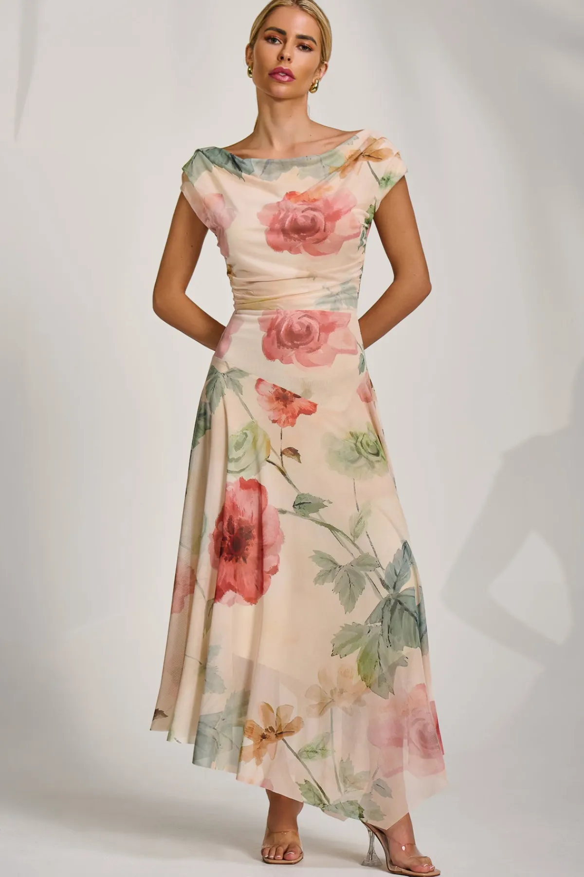 Jolie Moi Occasion Dresses|Floral Dresses-Asymmetrical Draped Mesh Maxi Dress, Yellow Floral