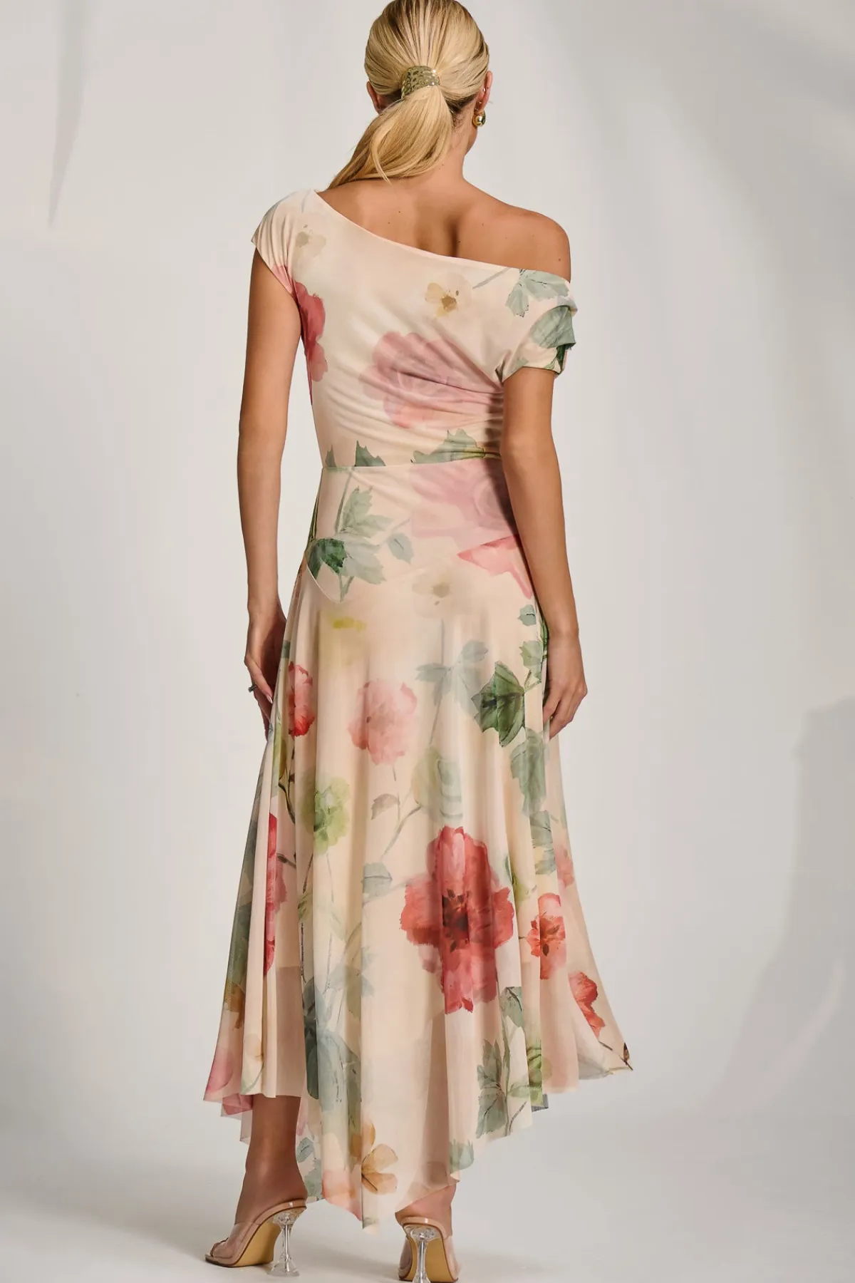 Jolie Moi Occasion Dresses|Floral Dresses-Asymmetrical Draped Mesh Maxi Dress, Yellow Floral