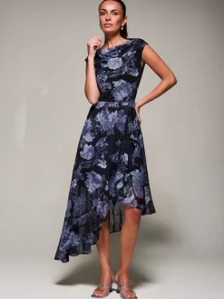 Jolie Moi Occasion Dresses|Sleeveless Dresses- Asymmetrical Draped Mesh Midaxi Dress Black Abstract