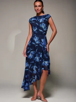 Jolie Moi Occasion Dresses|Floral Dresses- Asymmetrical Draped Mesh Midaxi Dress Blue Floral