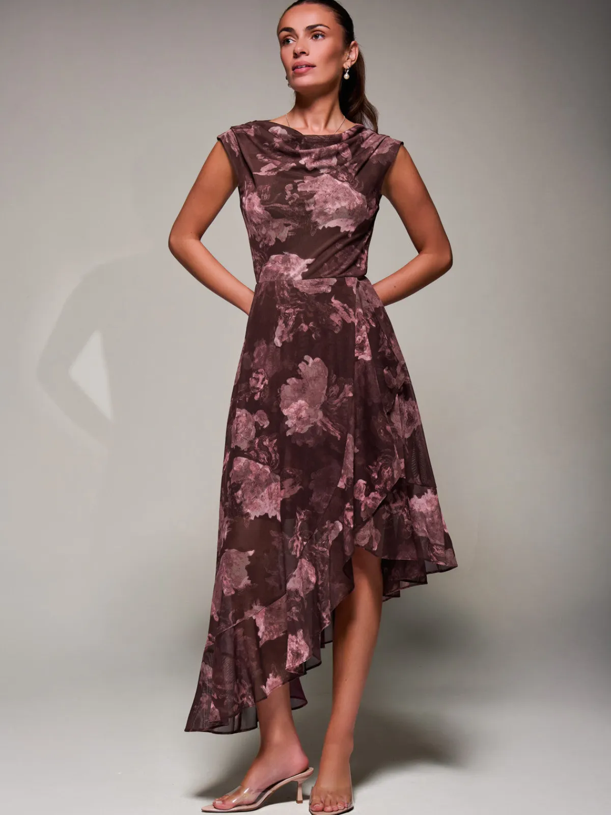 Jolie Moi Occasion Dresses|Sleeveless Dresses- Asymmetrical Draped Mesh Midaxi Dress Burgundy Abstract