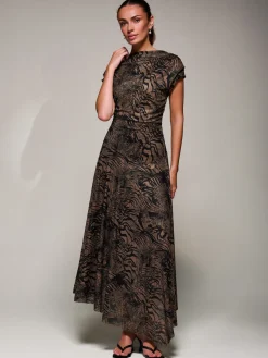 Jolie Moi Occasion Dresses|Animal Print Dresses-Asymmetrical Draped Slash Neck Midaxi Dress, Brown Animal