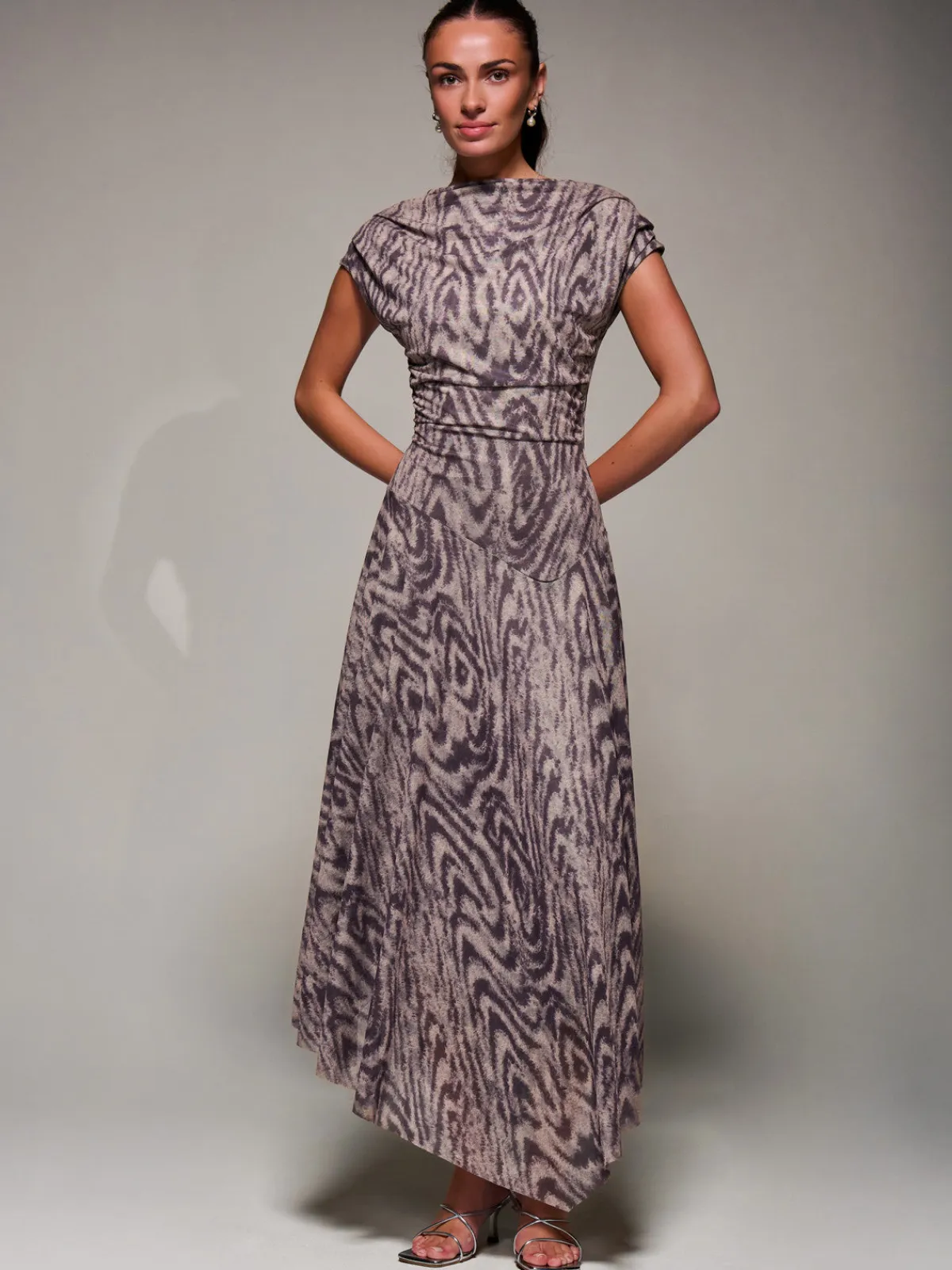 Jolie Moi Occasion Dresses|Weekend Casuals-Asymmetrical Draped Slash Neck Midaxi Dress, Purple Abstract