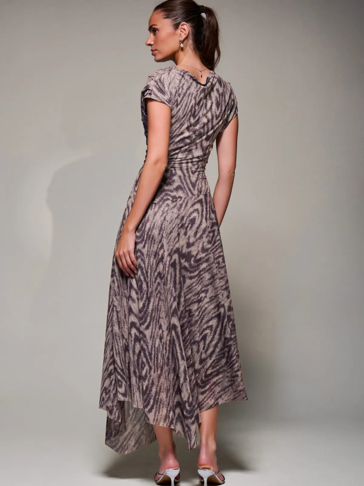 Jolie Moi Occasion Dresses|Weekend Casuals-Asymmetrical Draped Slash Neck Midaxi Dress, Purple Abstract
