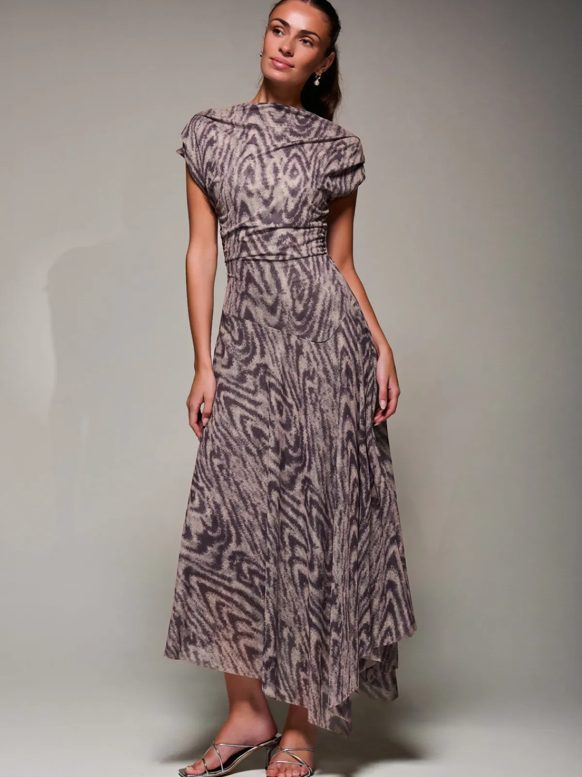 Jolie Moi Occasion Dresses|Weekend Casuals-Asymmetrical Draped Slash Neck Midaxi Dress, Purple Abstract