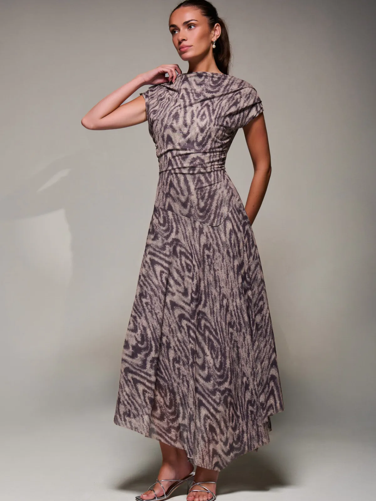 Jolie Moi Occasion Dresses|Weekend Casuals-Asymmetrical Draped Slash Neck Midaxi Dress, Purple Abstract