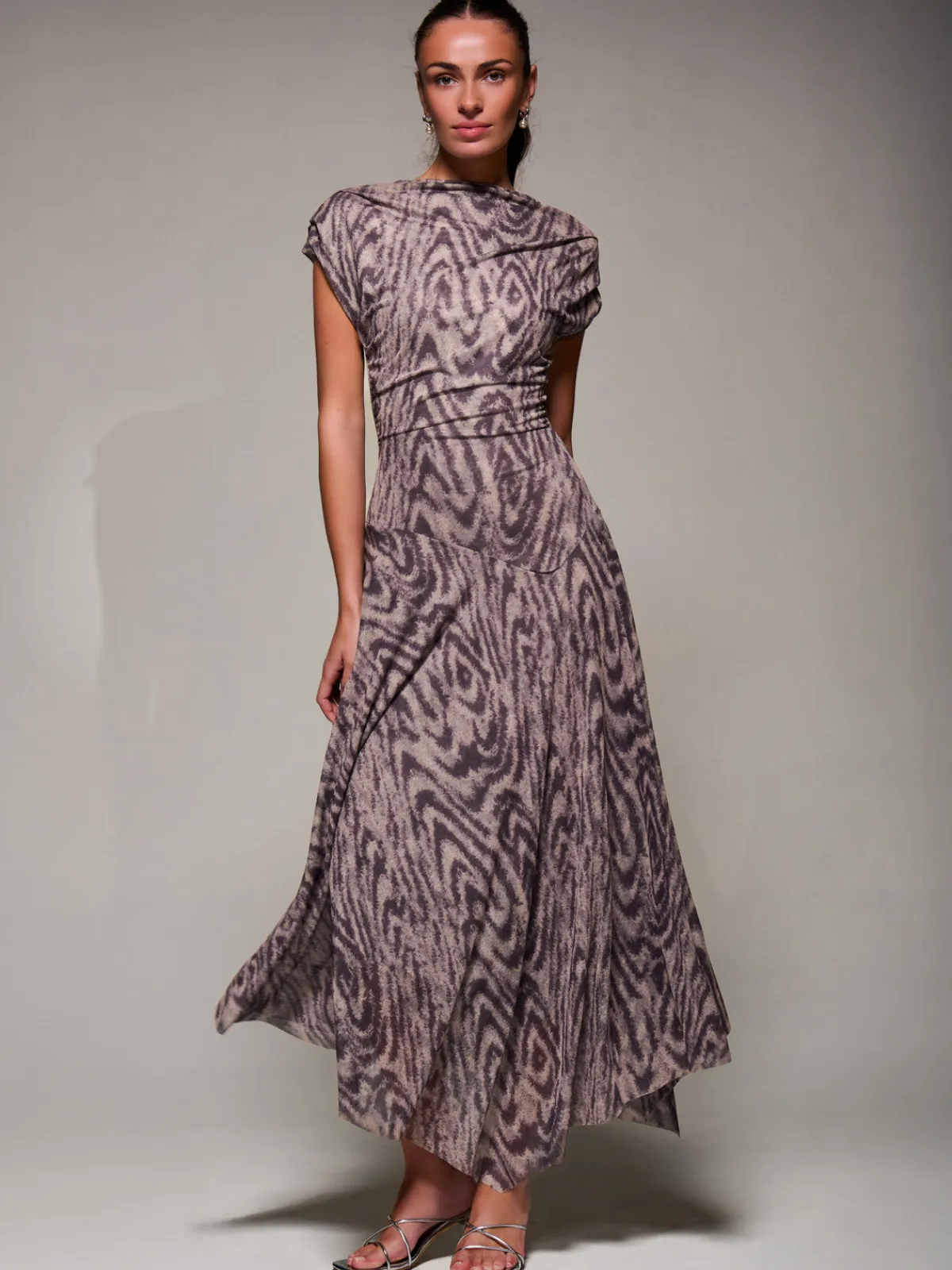 Jolie Moi Occasion Dresses|Weekend Casuals-Asymmetrical Draped Slash Neck Midaxi Dress, Purple Abstract