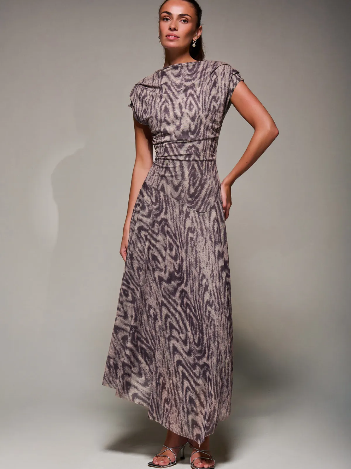 Jolie Moi Occasion Dresses|Weekend Casuals-Asymmetrical Draped Slash Neck Midaxi Dress, Purple Abstract