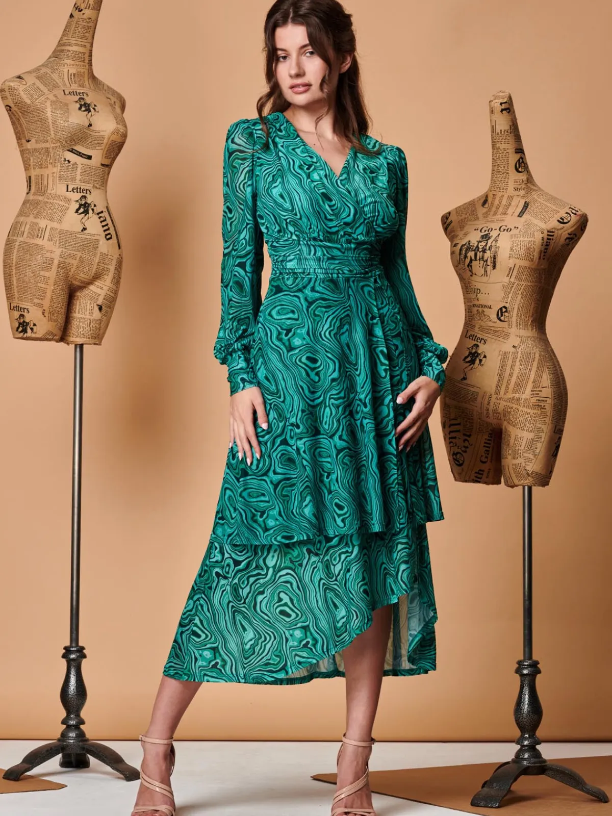 Jolie Moi Occasion Dresses|Midi Dresses-Asymmetrical Hem Mesh Midi Dress, Green Abstract