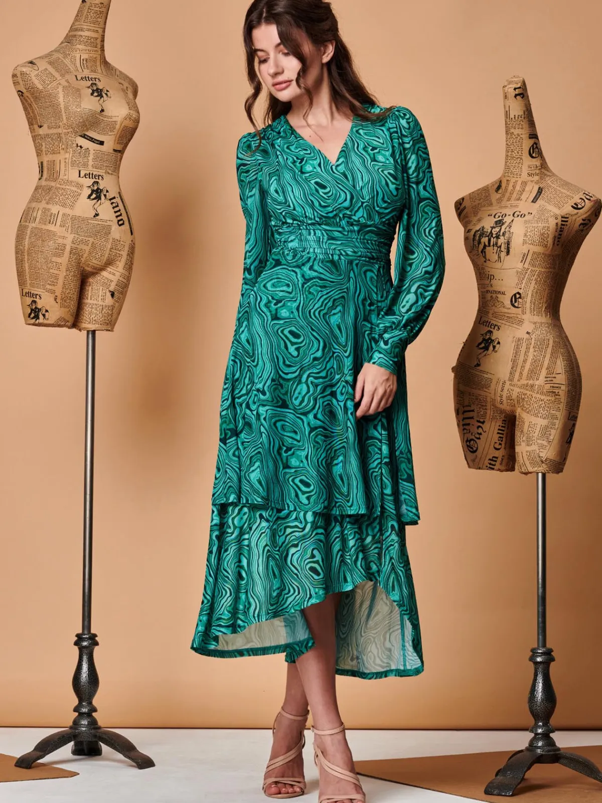 Jolie Moi Occasion Dresses|Midi Dresses-Asymmetrical Hem Mesh Midi Dress, Green Abstract