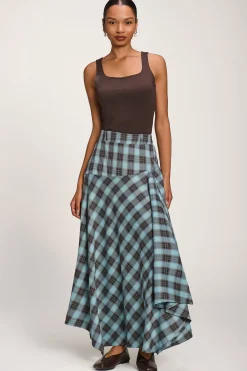 Jolie Moi Skirts-Asymmetric Check Maxi Skirt, Blue Check