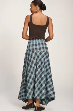 Jolie Moi Skirts-Asymmetric Check Maxi Skirt, Blue Check