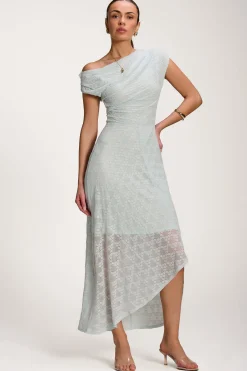 Jolie Moi Occasion Dresses|Party Dresses-Asymmetric Draped Lace Maxi Dress, Light Blue
