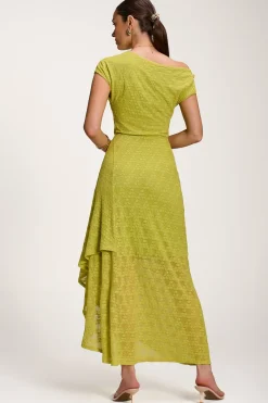Jolie Moi Occasion Dresses|Sleeveless Dresses-Asymmetric Draped Lace Maxi Dress, Lime Green