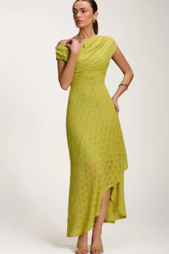 Jolie Moi Occasion Dresses|Sleeveless Dresses-Asymmetric Draped Lace Maxi Dress, Lime Green