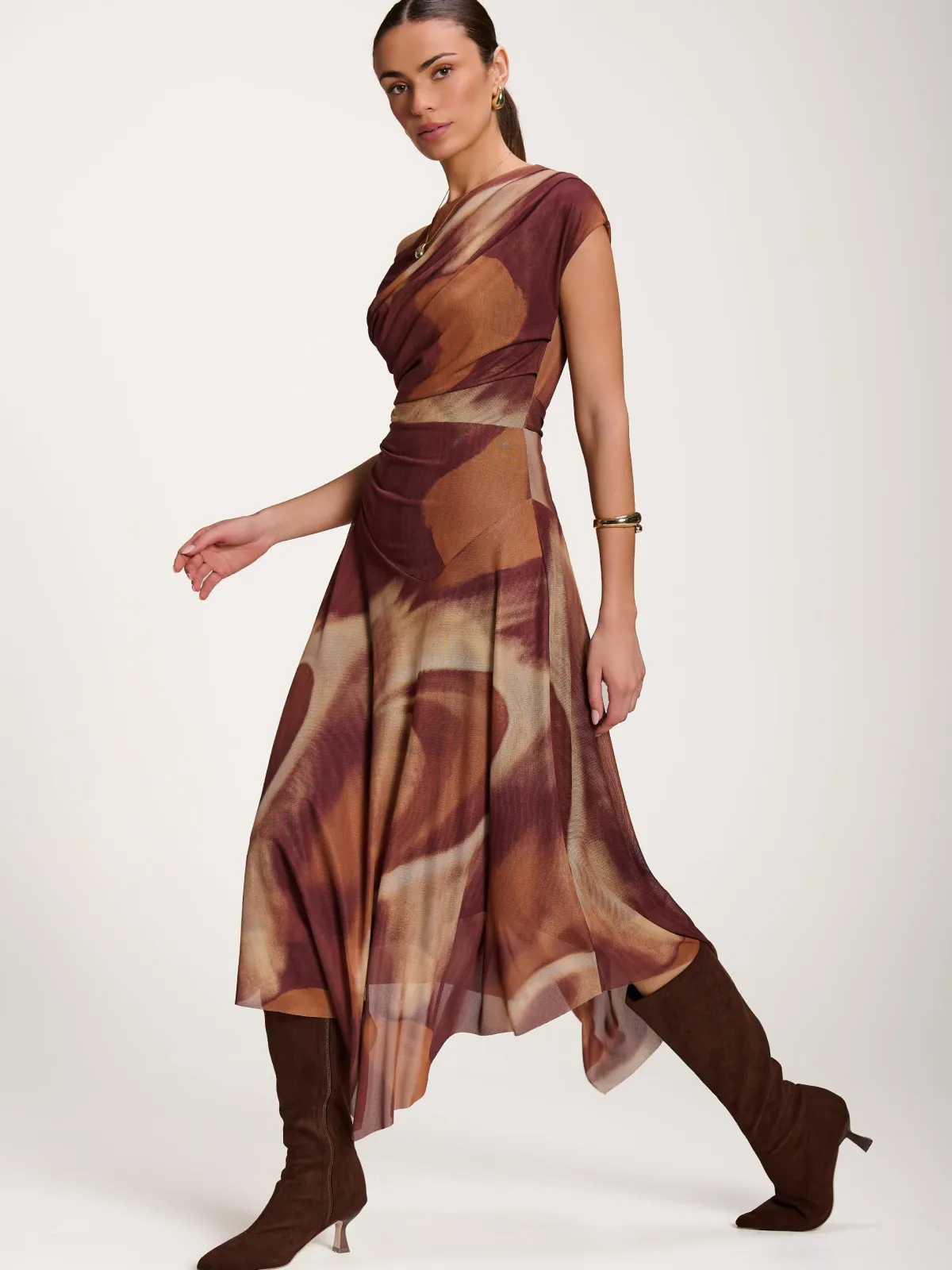 Jolie Moi Occasion Dresses|Sleeveless Dresses-Asymmetric Draped Mesh Dress, Brown Abstract