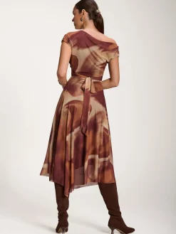Jolie Moi Occasion Dresses|Sleeveless Dresses-Asymmetric Draped Mesh Dress, Brown Abstract
