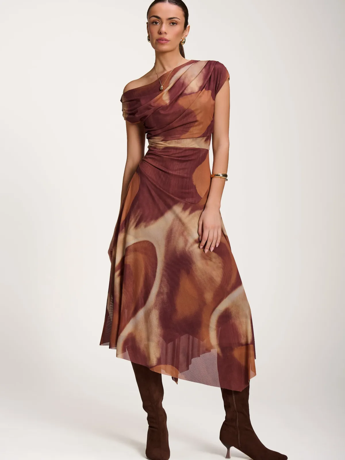 Jolie Moi Occasion Dresses|Sleeveless Dresses-Asymmetric Draped Mesh Dress, Brown Abstract