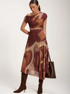 Jolie Moi Occasion Dresses|Sleeveless Dresses-Asymmetric Draped Mesh Dress, Brown Abstract