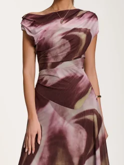 Jolie Moi Mesh Dresses|Maxi Dresses-Asymmetric Draped Mesh Dress, Brown Multi