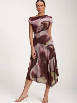 Jolie Moi Mesh Dresses|Maxi Dresses-Asymmetric Draped Mesh Dress, Brown Multi