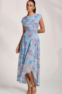Jolie Moi Occasion Dresses|Floral Dresses-Asymmetric Draped Mesh Maxi Dress, Blue Floral