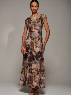 Jolie Moi Occasion Dresses|Party Dresses-Asymmetric Draped Mesh Maxi Dress, Brown Abstract