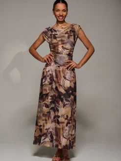 Jolie Moi Occasion Dresses|Party Dresses-Asymmetric Draped Mesh Maxi Dress, Brown Abstract