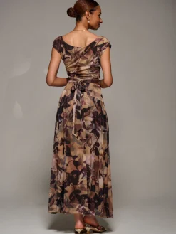 Jolie Moi Occasion Dresses|Party Dresses-Asymmetric Draped Mesh Maxi Dress, Brown Abstract