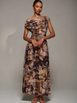 Jolie Moi Occasion Dresses|Party Dresses-Asymmetric Draped Mesh Maxi Dress, Brown Abstract