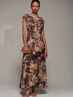 Jolie Moi Occasion Dresses|Party Dresses-Asymmetric Draped Mesh Maxi Dress, Brown Abstract