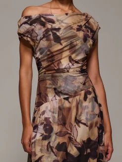 Jolie Moi Occasion Dresses|Party Dresses-Asymmetric Draped Mesh Maxi Dress, Brown Abstract