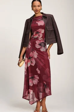 Jolie Moi Floral Dresses|Party Dresses-Asymmetric Draped Mesh Maxi Dress, Burgundy Floral