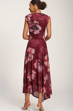 Jolie Moi Floral Dresses|Party Dresses-Asymmetric Draped Mesh Maxi Dress, Burgundy Floral