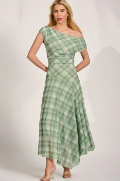 Jolie Moi Occasion Dresses|Party Dresses-Asymmetric Draped Mesh Maxi Dress, Green Check