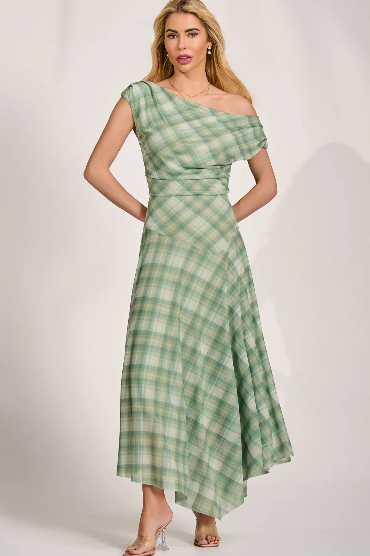 Jolie Moi Occasion Dresses|Party Dresses-Asymmetric Draped Mesh Maxi Dress, Green Check