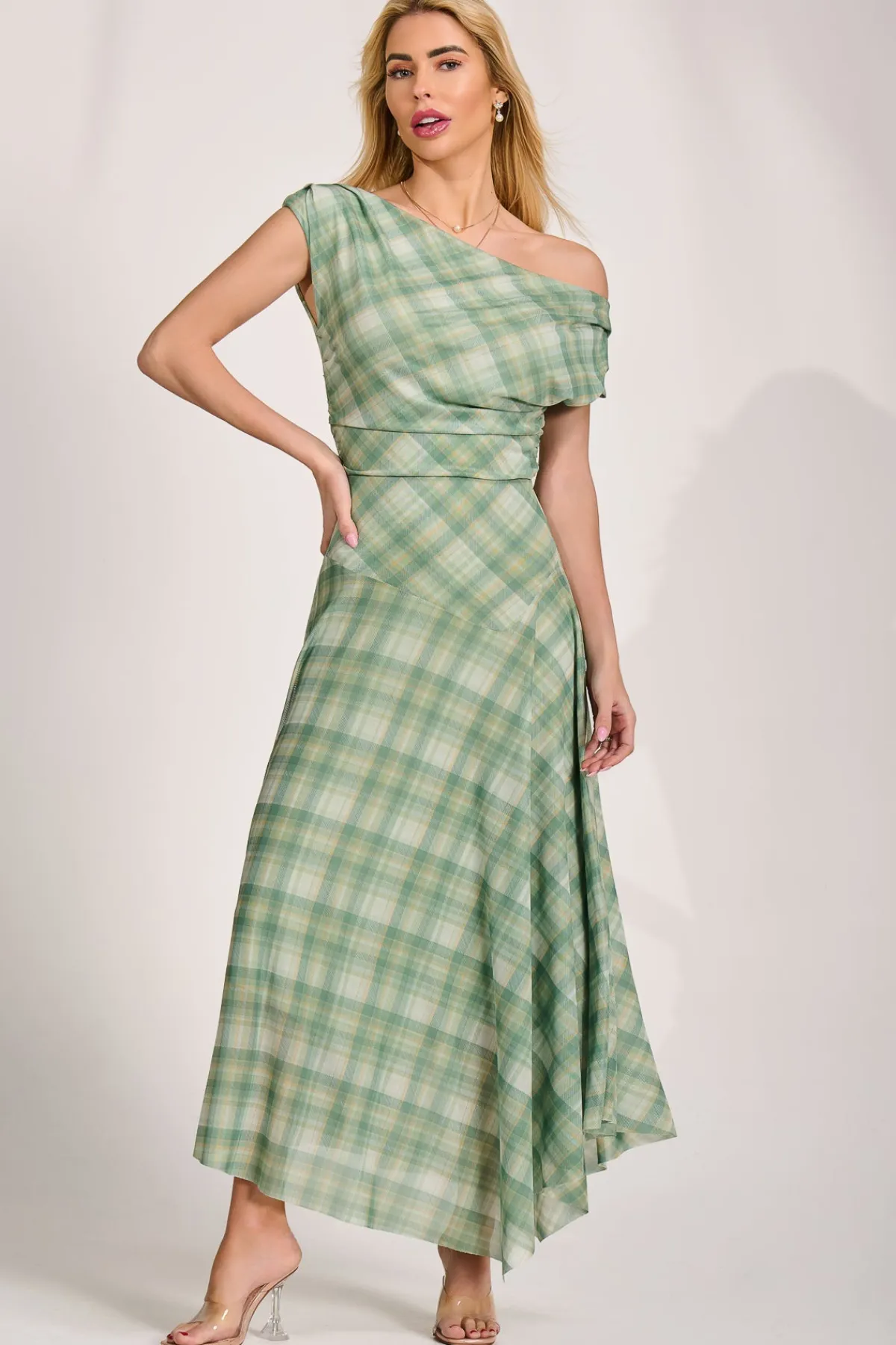Jolie Moi Occasion Dresses|Party Dresses-Asymmetric Draped Mesh Maxi Dress, Green Check