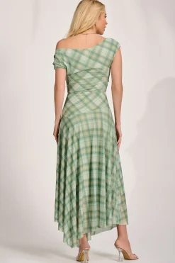Jolie Moi Occasion Dresses|Party Dresses-Asymmetric Draped Mesh Maxi Dress, Green Check