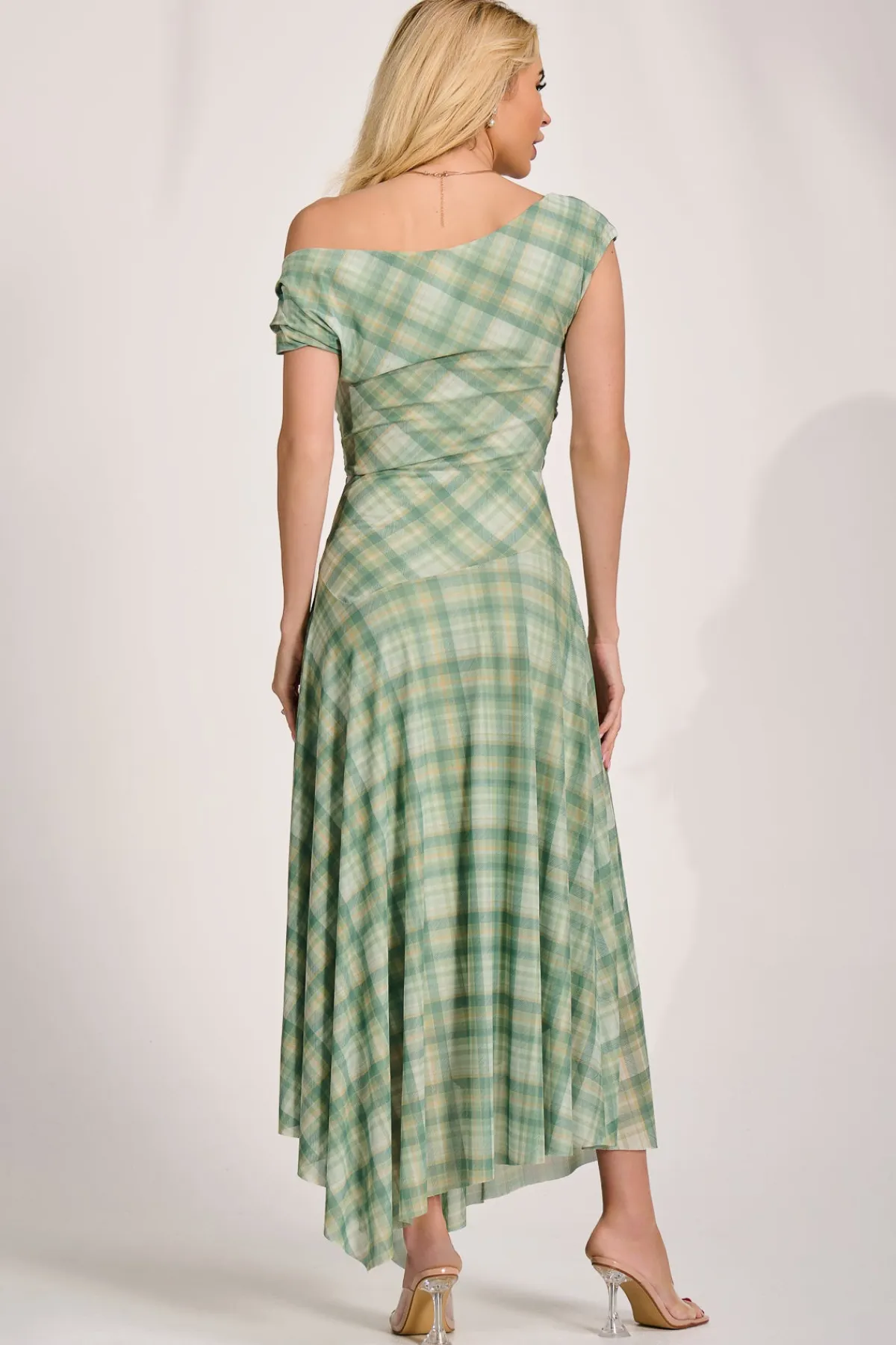 Jolie Moi Occasion Dresses|Party Dresses-Asymmetric Draped Mesh Maxi Dress, Green Check