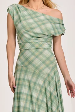 Jolie Moi Occasion Dresses|Party Dresses-Asymmetric Draped Mesh Maxi Dress, Green Check
