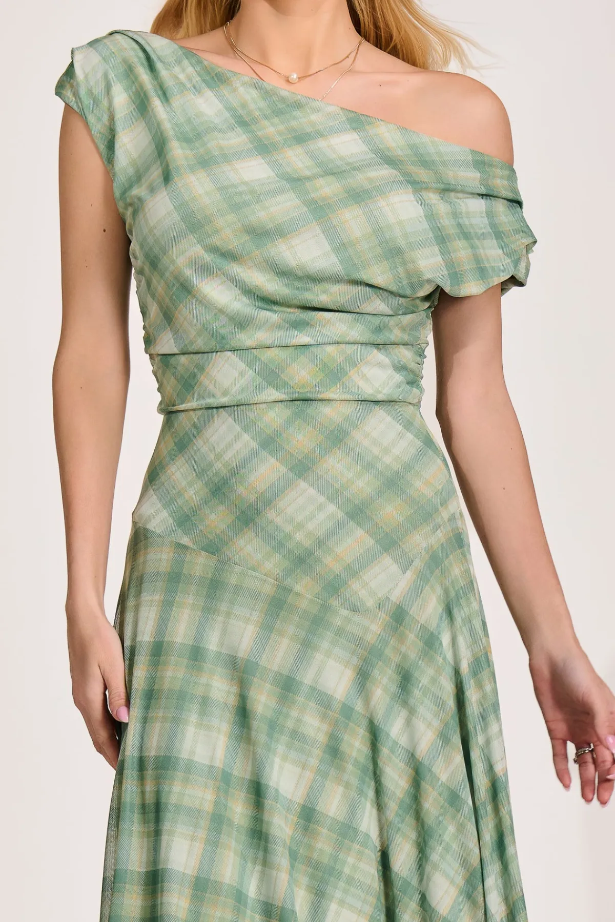 Jolie Moi Occasion Dresses|Party Dresses-Asymmetric Draped Mesh Maxi Dress, Green Check