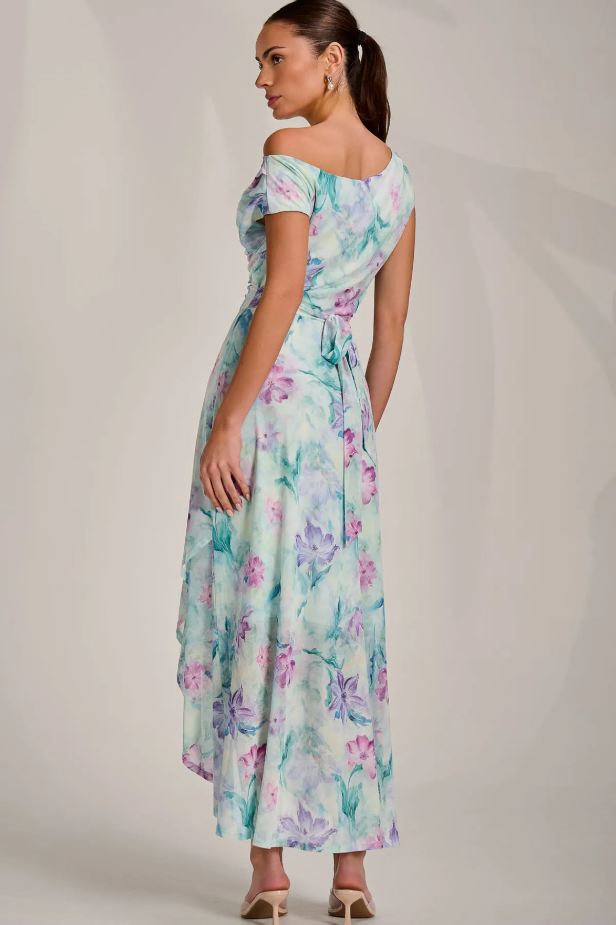 Jolie Moi Occasion Dresses|Sleeveless Dresses-Asymmetric Draped Mesh Maxi Dress, Green Floral