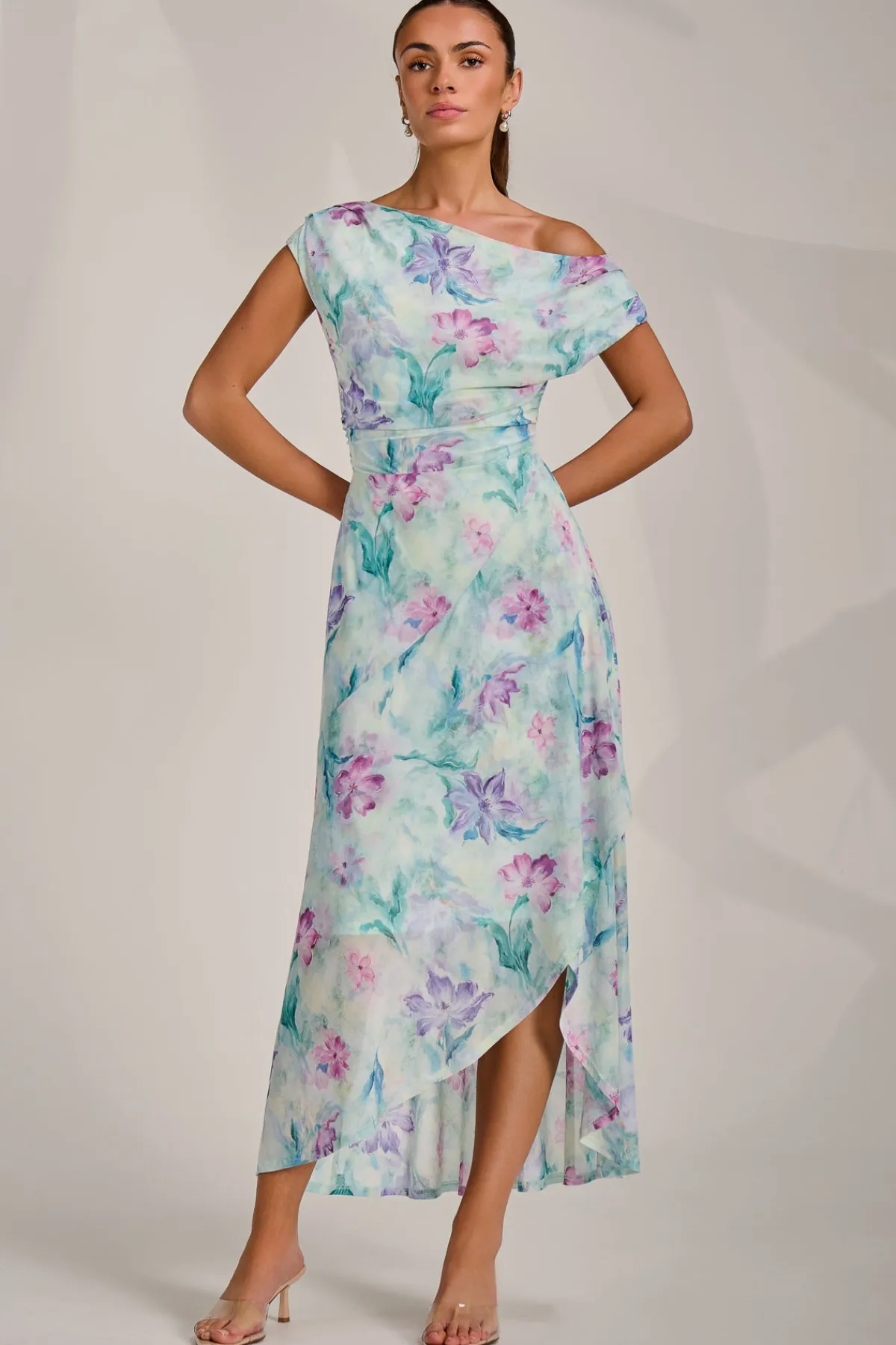 Jolie Moi Occasion Dresses|Sleeveless Dresses-Asymmetric Draped Mesh Maxi Dress, Green Floral