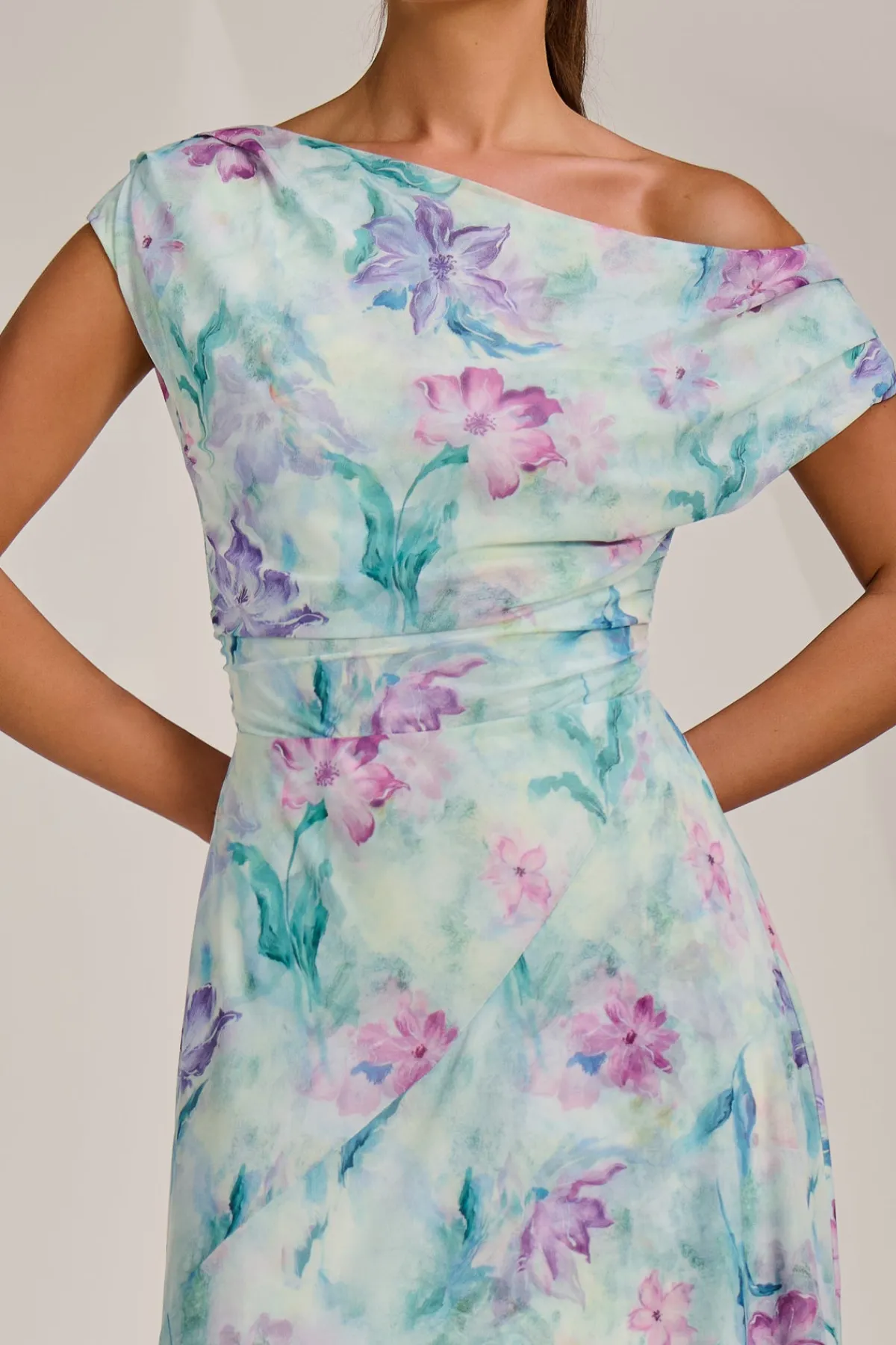 Jolie Moi Occasion Dresses|Sleeveless Dresses-Asymmetric Draped Mesh Maxi Dress, Green Floral