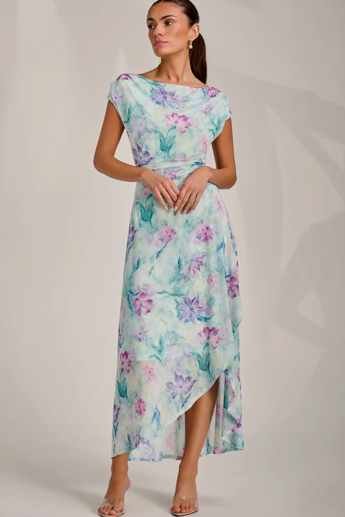 Jolie Moi Occasion Dresses|Sleeveless Dresses-Asymmetric Draped Mesh Maxi Dress, Green Floral
